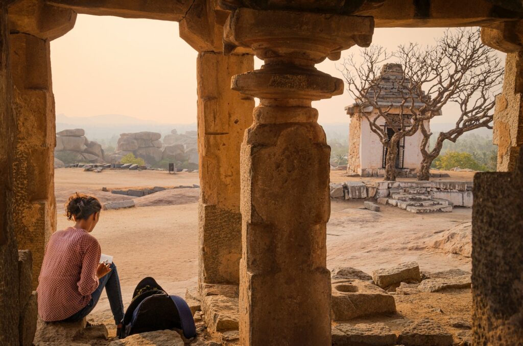femme assise sur une pierre, paysage désert en inde