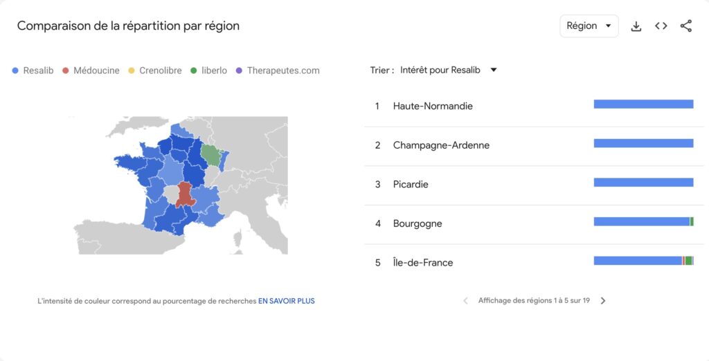 Graphique des résultats de recherches par région sur Google 