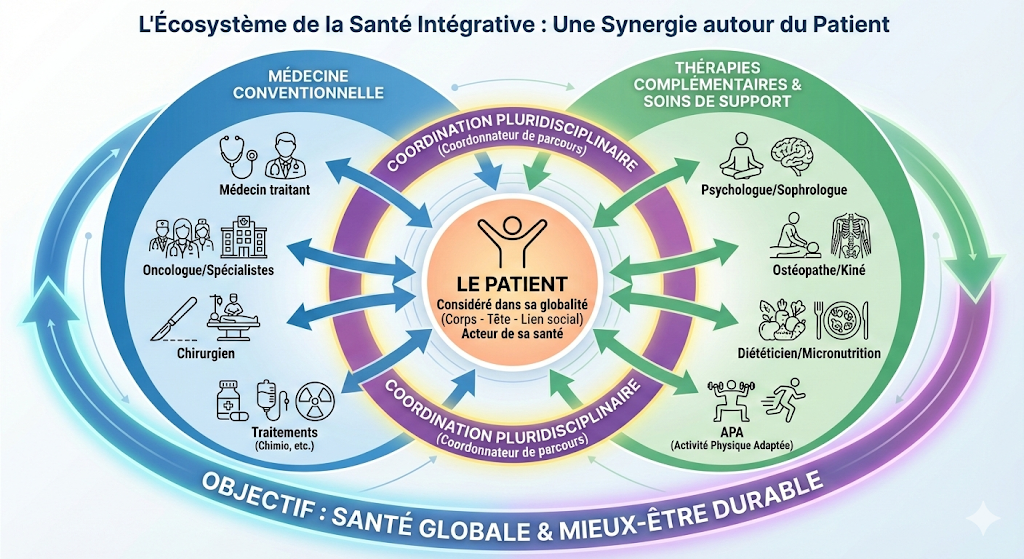 Infographie de l'écosystème de la santé intégrative plaçant le patient au centre, alliant médecine conventionnelle et thérapies complémentaires
