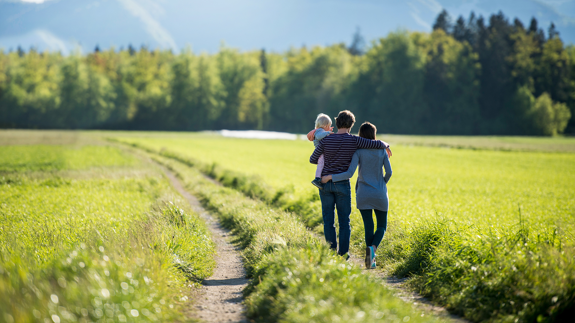 Visuel d'une famille heureuse marchant dans un champ
