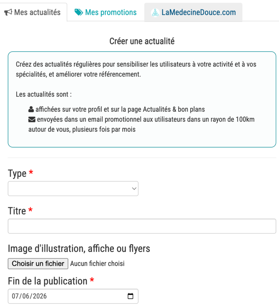 Page pour faire ses actualités en tant que praticien Resalib