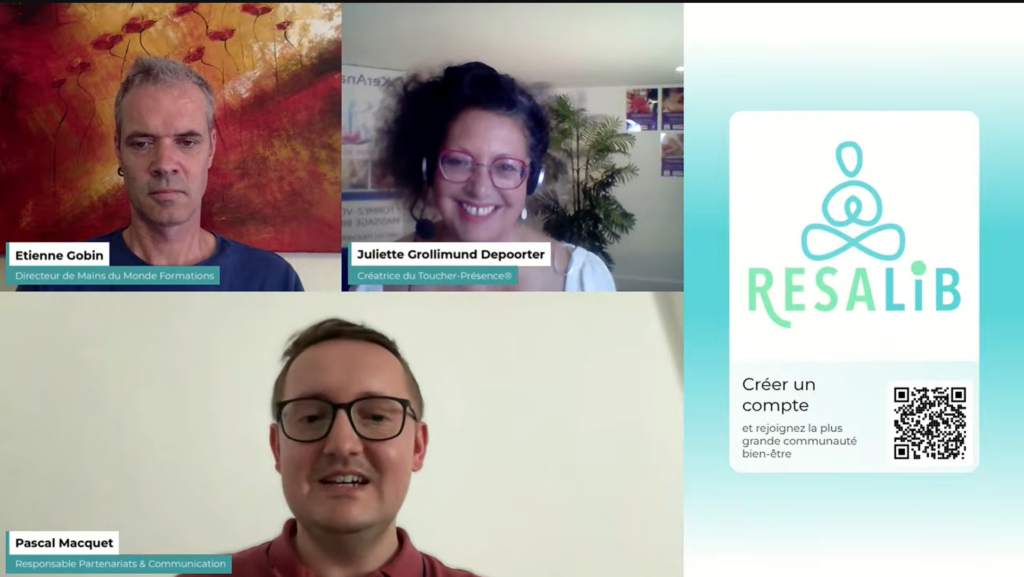 Capture d'écran issue du webinaire sur les formations en massage bien-être de Resalib.
On y voit les trois intervenants, Pascal Macquet, Juliette Grollimund Depoorter et Étienne Gobin