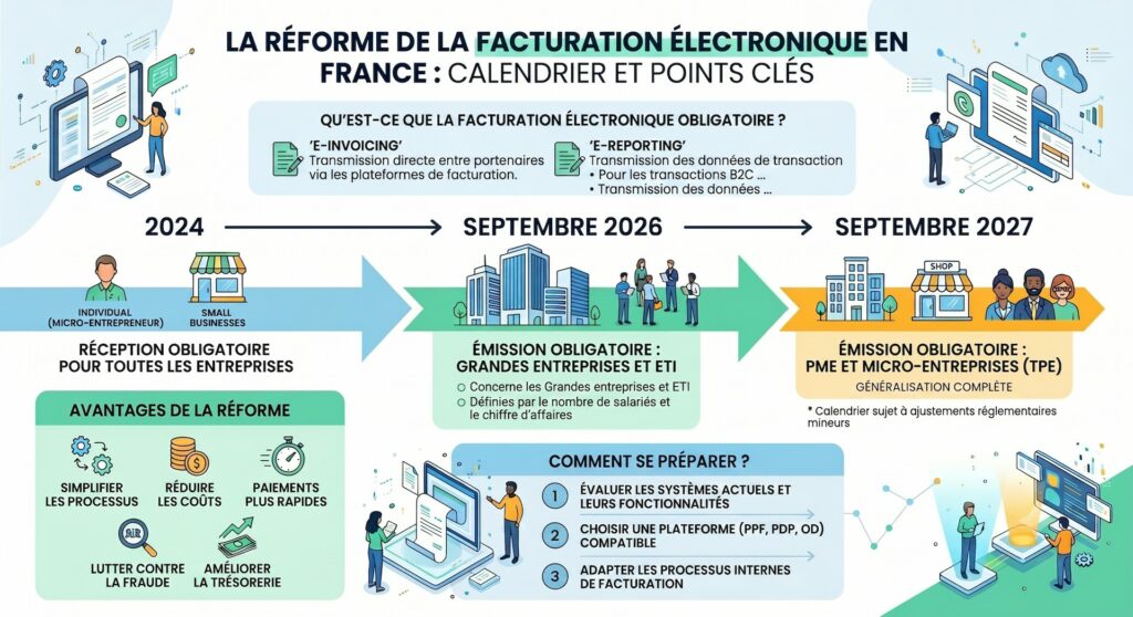 calendrier facture electronique 2026-2027 Infographie illustrant le calendrier de la réforme de la facturation électronique en France : obligation de réception pour toutes les entreprises, émission obligatoire en septembre 2026 pour les grandes entreprises et ETI, puis généralisation aux PME et TPE en septembre 2027. Le visuel résume également les avantages de la réforme et les étapes pour s'y préparer.