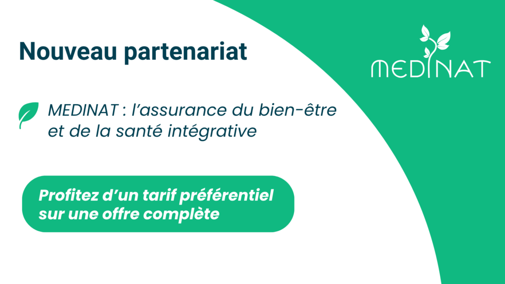Visuel illustrant le partenariat entre Medinat et Resalib. Visuel pour annoncer ce nouveau partenariat sur fond blanc assez simple.
On peut voir écrit que ce partenariat donne un tarif préférentiel sur une offre complète de Medinat.